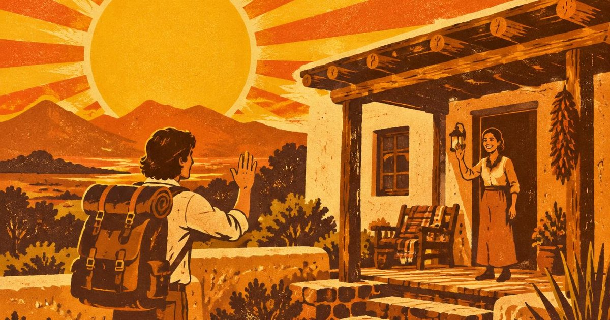 Illustrative retro artwork of a backpacker greeting a host on a guest-house porch